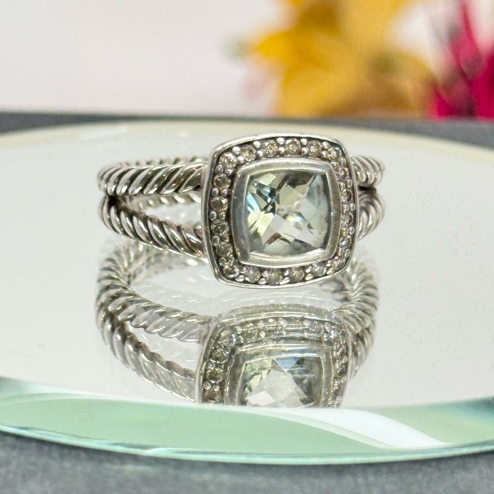David Yurman Petite Albion Prasiolite Diamond Ring .925 Sterling Silver Sz 7
